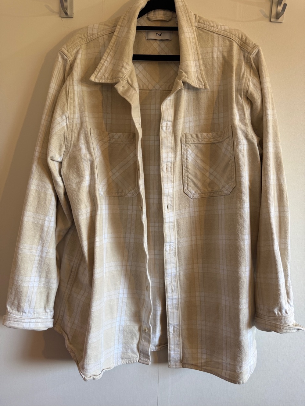 Aritzia TNA Organic Cotton Beige Plaid Oversized Flannel Shirt L Fall